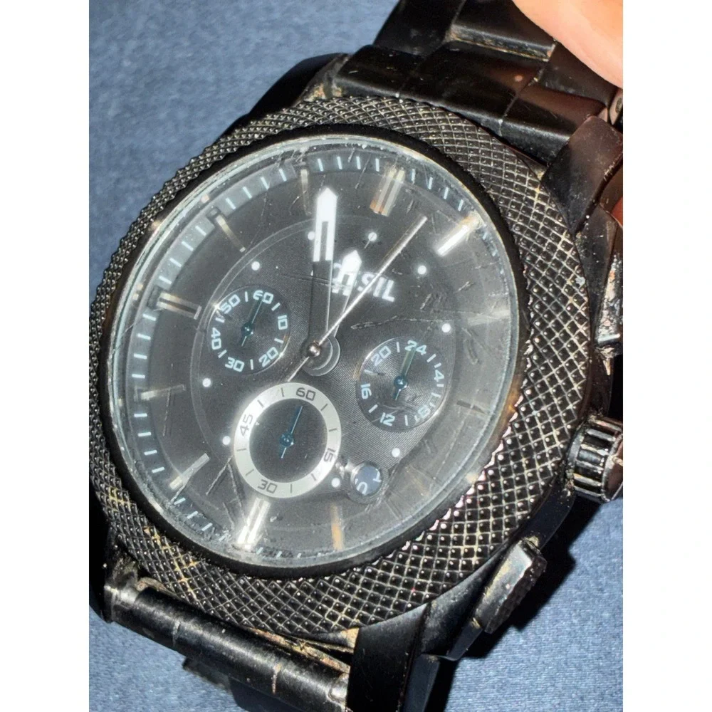 Fossil Machine Black Stainless Steel Chronograph Mens Watch Textured Bezel